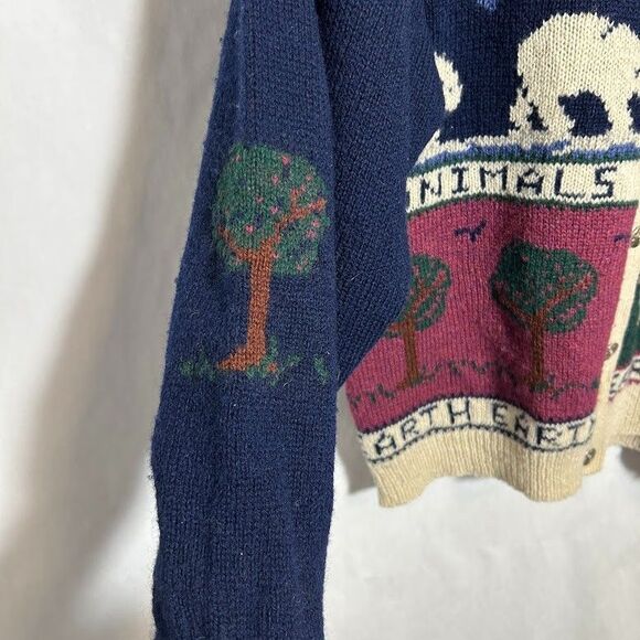 VTG Woolrich Save Our Earth Animals Knit Wool Cardigan Sweater Women’s L Novelty - Picture 7 of 10